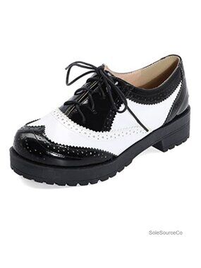 Women's Two Tone Flat Oxfords Lace Up Wingtip Perforated Low Heel Saddle Brogues